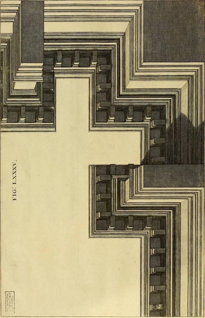 An illustration from Rules and examples of perspective proper for painters and architects, etc. in English and Latin :‡bcontaining a most easie and expeditious method to delineate in perspective all designs relating to architecture, after a new manner, wholly free from the confusion of occult lines /‡cby that great master thereof, Andrea Pozzo, Soc. Jef. engraven in 105 ample folio plates, and adorn'd with 200 initial letters to the explanatory discourses ; printed from copper-plates ony best paper by John Sturt ; done into English from the original printed at Rome 1693 in Lat. and Ital. by Mr John James of Greenwich, 1693, leaf 285