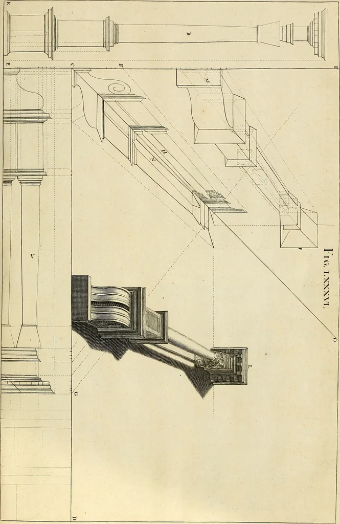 An illustration from Rules and examples of perspective proper for painters and architects, etc. in English and Latin :‡bcontaining a most easie and expeditious method to delineate in perspective all designs relating to architecture, after a new manner, wholly free from the confusion of occult lines /‡cby that great master thereof, Andrea Pozzo, Soc. Jef. engraven in 105 ample folio plates, and adorn'd with 200 initial letters to the explanatory discourses ; printed from copper-plates ony best paper by John Sturt ; done into English from the original printed at Rome 1693 in Lat. and Ital. by Mr John James of Greenwich, 1693, leaf 288