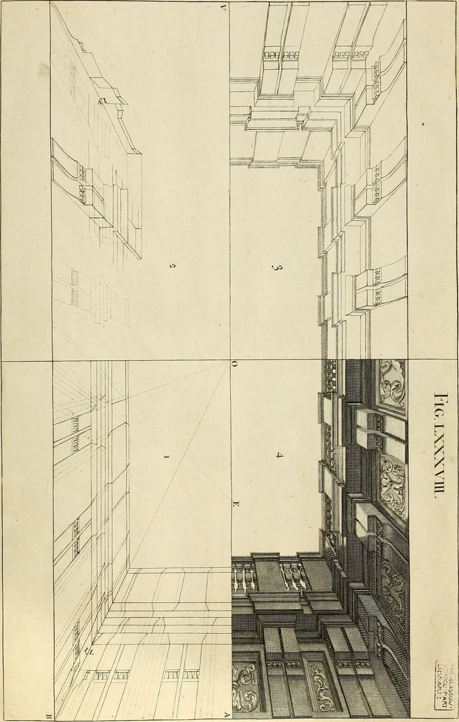 An illustration from Rules and examples of perspective proper for painters and architects, etc. in English and Latin :‡bcontaining a most easie and expeditious method to delineate in perspective all designs relating to architecture, after a new manner, wholly free from the confusion of occult lines /‡cby that great master thereof, Andrea Pozzo, Soc. Jef. engraven in 105 ample folio plates, and adorn'd with 200 initial letters to the explanatory discourses ; printed from copper-plates ony best paper by John Sturt ; done into English from the original printed at Rome 1693 in Lat. and Ital. by Mr John James of Greenwich, 1693, leaf 294