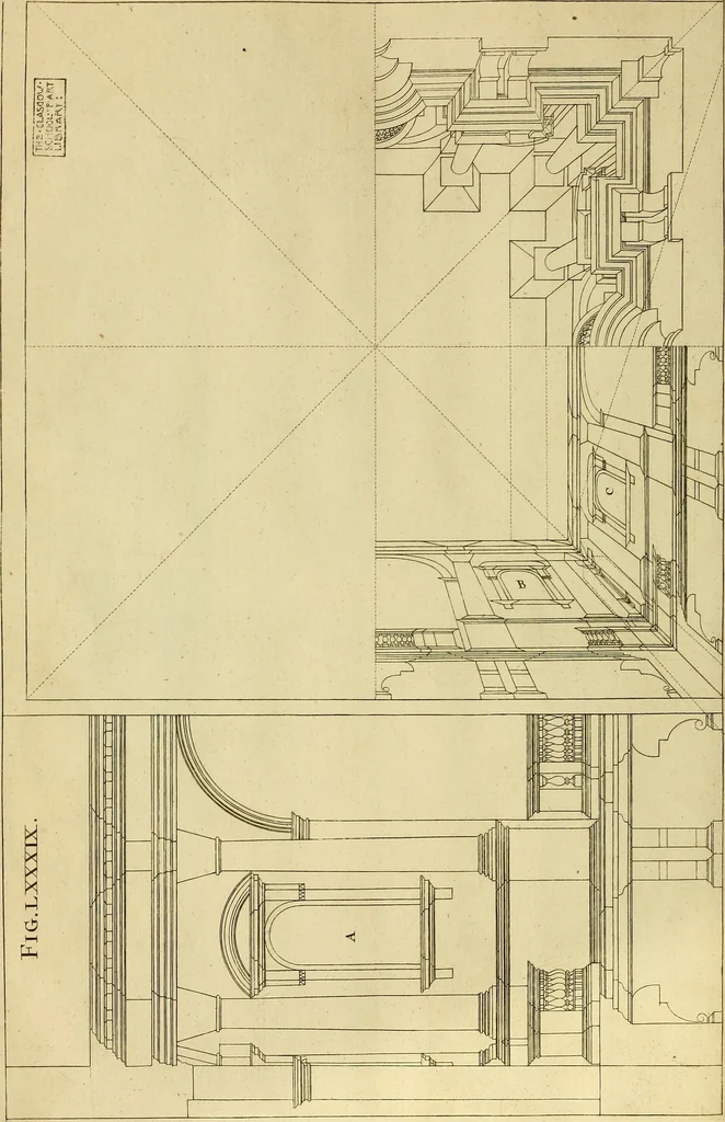 An illustration from Rules and examples of perspective proper for painters and architects, etc. in English and Latin :‡bcontaining a most easie and expeditious method to delineate in perspective all designs relating to architecture, after a new manner, wholly free from the confusion of occult lines /‡cby that great master thereof, Andrea Pozzo, Soc. Jef. engraven in 105 ample folio plates, and adorn'd with 200 initial letters to the explanatory discourses ; printed from copper-plates ony best paper by John Sturt ; done into English from the original printed at Rome 1693 in Lat. and Ital. by Mr John James of Greenwich, 1693, leaf 297