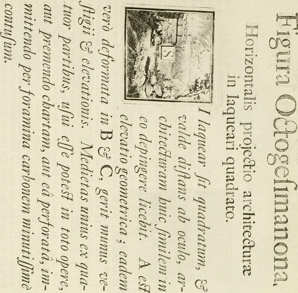 An illustration from Rules and examples of perspective proper for painters and architects, etc. in English and Latin :‡bcontaining a most easie and expeditious method to delineate in perspective all designs relating to architecture, after a new manner, wholly free from the confusion of occult lines /‡cby that great master thereof, Andrea Pozzo, Soc. Jef. engraven in 105 ample folio plates, and adorn'd with 200 initial letters to the explanatory discourses ; printed from copper-plates ony best paper by John Sturt ; done into English from the original printed at Rome 1693 in Lat. and Ital. by Mr John James of Greenwich, 1693, leaf 298