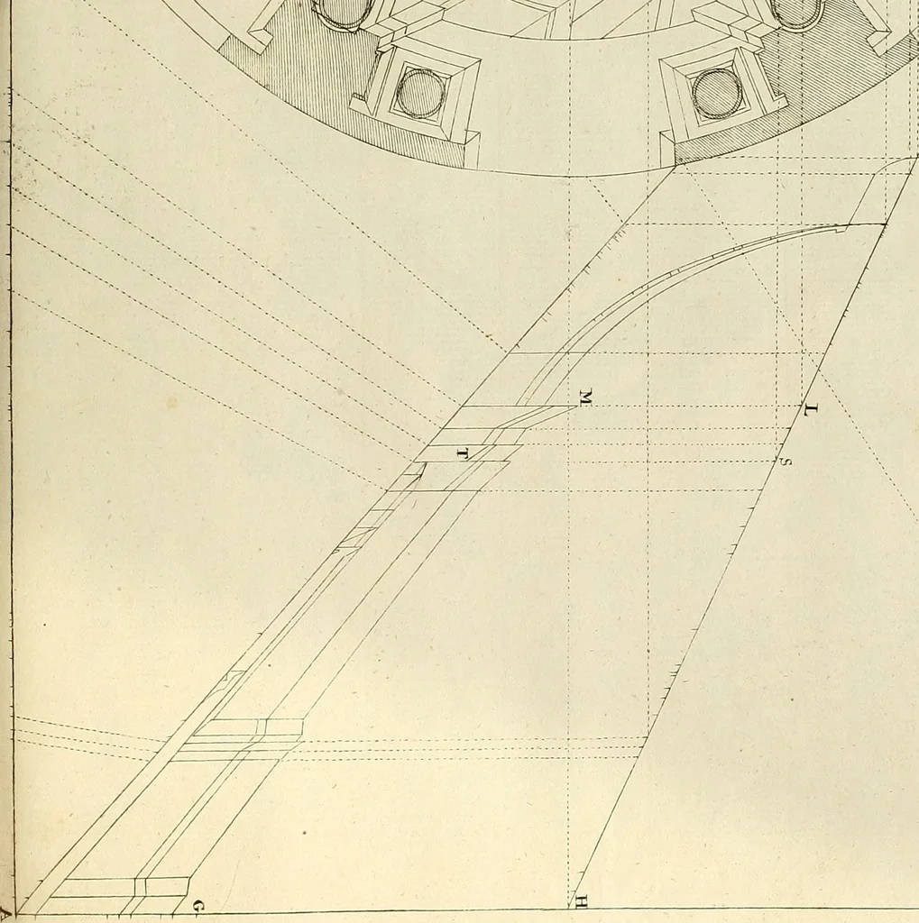 An illustration from Rules and examples of perspective proper for painters and architects, etc. in English and Latin :‡bcontaining a most easie and expeditious method to delineate in perspective all designs relating to architecture, after a new manner, wholly free from the confusion of occult lines /‡cby that great master thereof, Andrea Pozzo, Soc. Jef. engraven in 105 ample folio plates, and adorn'd with 200 initial letters to the explanatory discourses ; printed from copper-plates ony best paper by John Sturt ; done into English from the original printed at Rome 1693 in Lat. and Ital. by Mr John James of Greenwich, 1693, leaf 300
