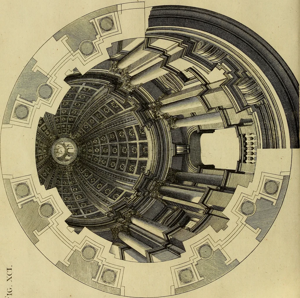 An illustration from Rules and examples of perspective proper for painters and architects, etc. in English and Latin :‡bcontaining a most easie and expeditious method to delineate in perspective all designs relating to architecture, after a new manner, wholly free from the confusion of occult lines /‡cby that great master thereof, Andrea Pozzo, Soc. Jef. engraven in 105 ample folio plates, and adorn'd with 200 initial letters to the explanatory discourses ; printed from copper-plates ony best paper by John Sturt ; done into English from the original printed at Rome 1693 in Lat. and Ital. by Mr John James of Greenwich, 1693, leaf 303
