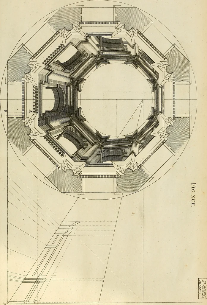 An illustration from Rules and examples of perspective proper for painters and architects, etc. in English and Latin :‡bcontaining a most easie and expeditious method to delineate in perspective all designs relating to architecture, after a new manner, wholly free from the confusion of occult lines /‡cby that great master thereof, Andrea Pozzo, Soc. Jef. engraven in 105 ample folio plates, and adorn'd with 200 initial letters to the explanatory discourses ; printed from copper-plates ony best paper by John Sturt ; done into English from the original printed at Rome 1693 in Lat. and Ital. by Mr John James of Greenwich, 1693, leaf 306