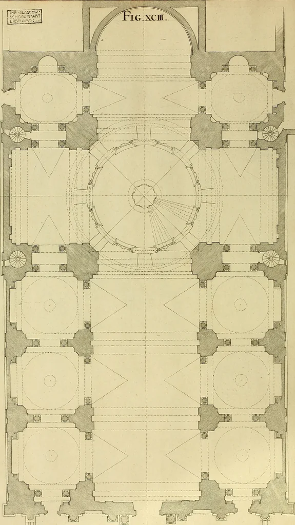 An illustration from Rules and examples of perspective proper for painters and architects, etc. in English and Latin :‡bcontaining a most easie and expeditious method to delineate in perspective all designs relating to architecture, after a new manner, wholly free from the confusion of occult lines /‡cby that great master thereof, Andrea Pozzo, Soc. Jef. engraven in 105 ample folio plates, and adorn'd with 200 initial letters to the explanatory discourses ; printed from copper-plates ony best paper by John Sturt ; done into English from the original printed at Rome 1693 in Lat. and Ital. by Mr John James of Greenwich, 1693, leaf 309