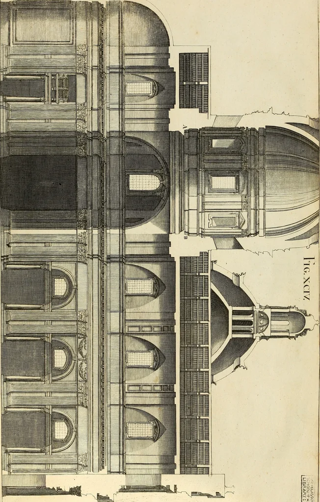 An illustration from Rules and examples of perspective proper for painters and architects, etc. in English and Latin :‡bcontaining a most easie and expeditious method to delineate in perspective all designs relating to architecture, after a new manner, wholly free from the confusion of occult lines /‡cby that great master thereof, Andrea Pozzo, Soc. Jef. engraven in 105 ample folio plates, and adorn'd with 200 initial letters to the explanatory discourses ; printed from copper-plates ony best paper by John Sturt ; done into English from the original printed at Rome 1693 in Lat. and Ital. by Mr John James of Greenwich, 1693, leaf 312