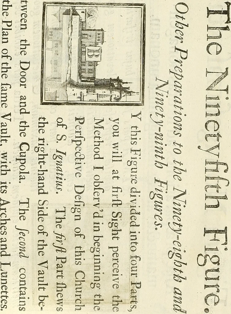 An illustration from Rules and examples of perspective proper for painters and architects, etc. in English and Latin :‡bcontaining a most easie and expeditious method to delineate in perspective all designs relating to architecture, after a new manner, wholly free from the confusion of occult lines /‡cby that great master thereof, Andrea Pozzo, Soc. Jef. engraven in 105 ample folio plates, and adorn'd with 200 initial letters to the explanatory discourses ; printed from copper-plates ony best paper by John Sturt ; done into English from the original printed at Rome 1693 in Lat. and Ital. by Mr John James of Greenwich, 1693, leaf 316