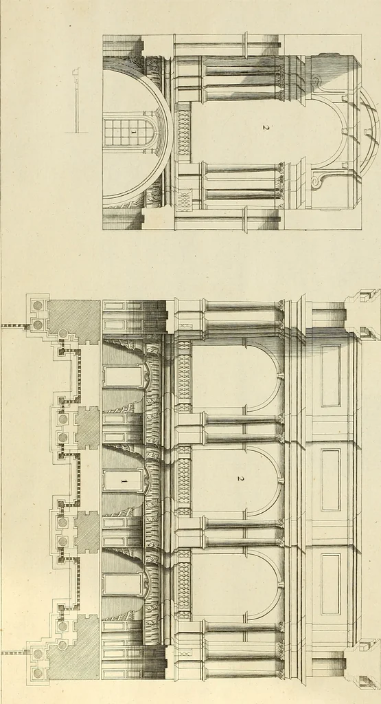 An illustration from Rules and examples of perspective proper for painters and architects, etc. in English and Latin :‡bcontaining a most easie and expeditious method to delineate in perspective all designs relating to architecture, after a new manner, wholly free from the confusion of occult lines /‡cby that great master thereof, Andrea Pozzo, Soc. Jef. engraven in 105 ample folio plates, and adorn'd with 200 initial letters to the explanatory discourses ; printed from copper-plates ony best paper by John Sturt ; done into English from the original printed at Rome 1693 in Lat. and Ital. by Mr John James of Greenwich, 1693, leaf 318