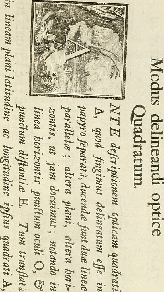 An illustration from Rules and examples of perspective proper for painters and architects, etc. in English and Latin :‡bcontaining a most easie and expeditious method to delineate in perspective all designs relating to architecture, after a new manner, wholly free from the confusion of occult lines /‡cby that great master thereof, Andrea Pozzo, Soc. Jef. engraven in 105 ample folio plates, and adorn'd with 200 initial letters to the explanatory discourses ; printed from copper-plates ony best paper by John Sturt ; done into English from the original printed at Rome 1693 in Lat. and Ital. by Mr John James of Greenwich, 1693, leaf 32