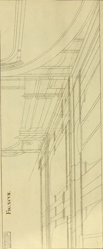An illustration from Rules and examples of perspective proper for painters and architects, etc. in English and Latin :‡bcontaining a most easie and expeditious method to delineate in perspective all designs relating to architecture, after a new manner, wholly free from the confusion of occult lines /‡cby that great master thereof, Andrea Pozzo, Soc. Jef. engraven in 105 ample folio plates, and adorn'd with 200 initial letters to the explanatory discourses ; printed from copper-plates ony best paper by John Sturt ; done into English from the original printed at Rome 1693 in Lat. and Ital. by Mr John James of Greenwich, 1693, leaf 321