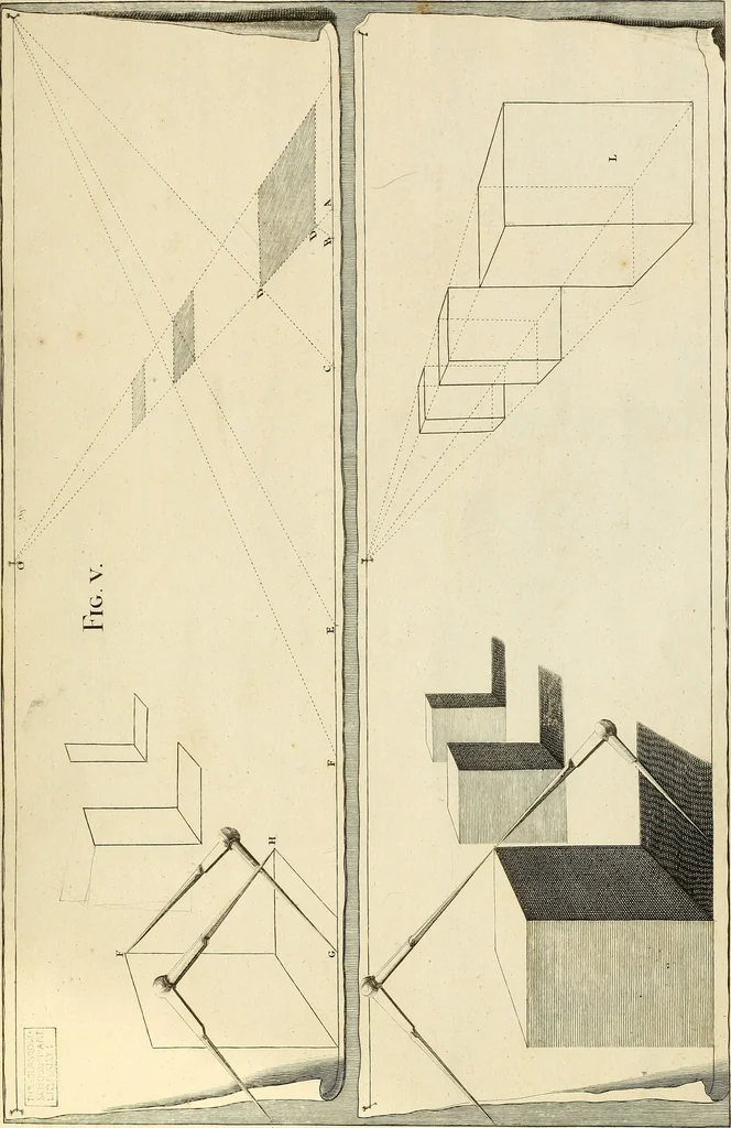 An illustration from Rules and examples of perspective proper for painters and architects, etc. in English and Latin :‡bcontaining a most easie and expeditious method to delineate in perspective all designs relating to architecture, after a new manner, wholly free from the confusion of occult lines /‡cby that great master thereof, Andrea Pozzo, Soc. Jef. engraven in 105 ample folio plates, and adorn'd with 200 initial letters to the explanatory discourses ; printed from copper-plates ony best paper by John Sturt ; done into English from the original printed at Rome 1693 in Lat. and Ital. by Mr John James of Greenwich, 1693, leaf 40
