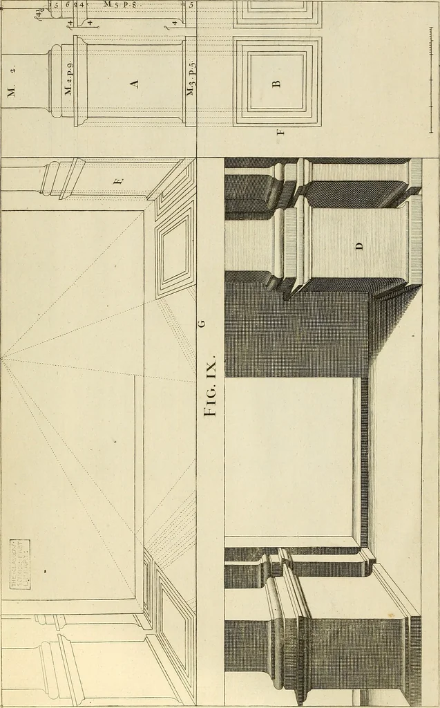 An illustration from Rules and examples of perspective proper for painters and architects, etc. in English and Latin :‡bcontaining a most easie and expeditious method to delineate in perspective all designs relating to architecture, after a new manner, wholly free from the confusion of occult lines /‡cby that great master thereof, Andrea Pozzo, Soc. Jef. engraven in 105 ample folio plates, and adorn'd with 200 initial letters to the explanatory discourses ; printed from copper-plates ony best paper by John Sturt ; done into English from the original printed at Rome 1693 in Lat. and Ital. by Mr John James of Greenwich, 1693, leaf 52