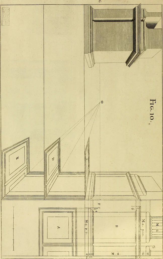 An illustration from Rules and examples of perspective proper for painters and architects, etc. in English and Latin :‡bcontaining a most easie and expeditious method to delineate in perspective all designs relating to architecture, after a new manner, wholly free from the confusion of occult lines /‡cby that great master thereof, Andrea Pozzo, Soc. Jef. engraven in 105 ample folio plates, and adorn'd with 200 initial letters to the explanatory discourses ; printed from copper-plates ony best paper by John Sturt ; done into English from the original printed at Rome 1693 in Lat. and Ital. by Mr John James of Greenwich, 1693, leaf 55