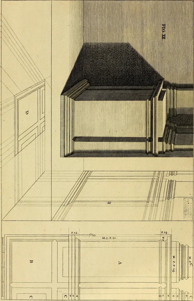 An illustration from Rules and examples of perspective proper for painters and architects, etc. in English and Latin :‡bcontaining a most easie and expeditious method to delineate in perspective all designs relating to architecture, after a new manner, wholly free from the confusion of occult lines /‡cby that great master thereof, Andrea Pozzo, Soc. Jef. engraven in 105 ample folio plates, and adorn'd with 200 initial letters to the explanatory discourses ; printed from copper-plates ony best paper by John Sturt ; done into English from the original printed at Rome 1693 in Lat. and Ital. by Mr John James of Greenwich, 1693, leaf 61