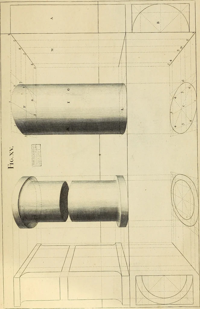 An illustration from Rules and examples of perspective proper for painters and architects, etc. in English and Latin :‡bcontaining a most easie and expeditious method to delineate in perspective all designs relating to architecture, after a new manner, wholly free from the confusion of occult lines /‡cby that great master thereof, Andrea Pozzo, Soc. Jef. engraven in 105 ample folio plates, and adorn'd with 200 initial letters to the explanatory discourses ; printed from copper-plates ony best paper by John Sturt ; done into English from the original printed at Rome 1693 in Lat. and Ital. by Mr John James of Greenwich, 1693, leaf 70