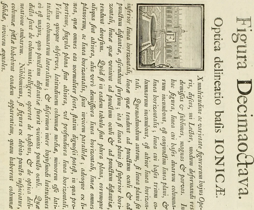 An illustration from Rules and examples of perspective proper for painters and architects, etc. in English and Latin :‡bcontaining a most easie and expeditious method to delineate in perspective all designs relating to architecture, after a new manner, wholly free from the confusion of occult lines /‡cby that great master thereof, Andrea Pozzo, Soc. Jef. engraven in 105 ample folio plates, and adorn'd with 200 initial letters to the explanatory discourses ; printed from copper-plates ony best paper by John Sturt ; done into English from the original printed at Rome 1693 in Lat. and Ital. by Mr John James of Greenwich, 1693, leaf 80