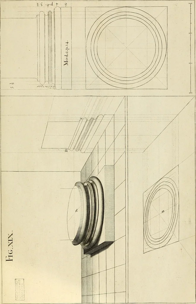 An illustration from Rules and examples of perspective proper for painters and architects, etc. in English and Latin :‡bcontaining a most easie and expeditious method to delineate in perspective all designs relating to architecture, after a new manner, wholly free from the confusion of occult lines /‡cby that great master thereof, Andrea Pozzo, Soc. Jef. engraven in 105 ample folio plates, and adorn'd with 200 initial letters to the explanatory discourses ; printed from copper-plates ony best paper by John Sturt ; done into English from the original printed at Rome 1693 in Lat. and Ital. by Mr John James of Greenwich, 1693, leaf 82