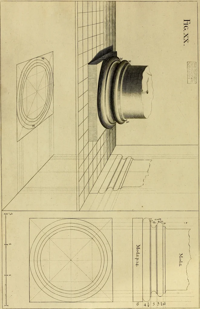 An illustration from Rules and examples of perspective proper for painters and architects, etc. in English and Latin :‡bcontaining a most easie and expeditious method to delineate in perspective all designs relating to architecture, after a new manner, wholly free from the confusion of occult lines /‡cby that great master thereof, Andrea Pozzo, Soc. Jef. engraven in 105 ample folio plates, and adorn'd with 200 initial letters to the explanatory discourses ; printed from copper-plates ony best paper by John Sturt ; done into English from the original printed at Rome 1693 in Lat. and Ital. by Mr John James of Greenwich, 1693, leaf 85