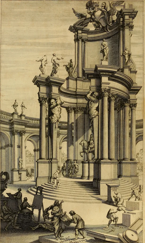 An illustration from Rules and examples of perspective proper for painters and architects, etc. in English and Latin :‡bcontaining a most easie and expeditious method to delineate in perspective all designs relating to architecture, after a new manner, wholly free from the confusion of occult lines /‡cby that great master thereof, Andrea Pozzo, Soc. Jef. engraven in 105 ample folio plates, and adorn'd with 200 initial letters to the explanatory discourses ; printed from copper-plates ony best paper by John Sturt ; done into English from the original printed at Rome 1693 in Lat. and Ital. by Mr John James of Greenwich, 1693, leaf 9