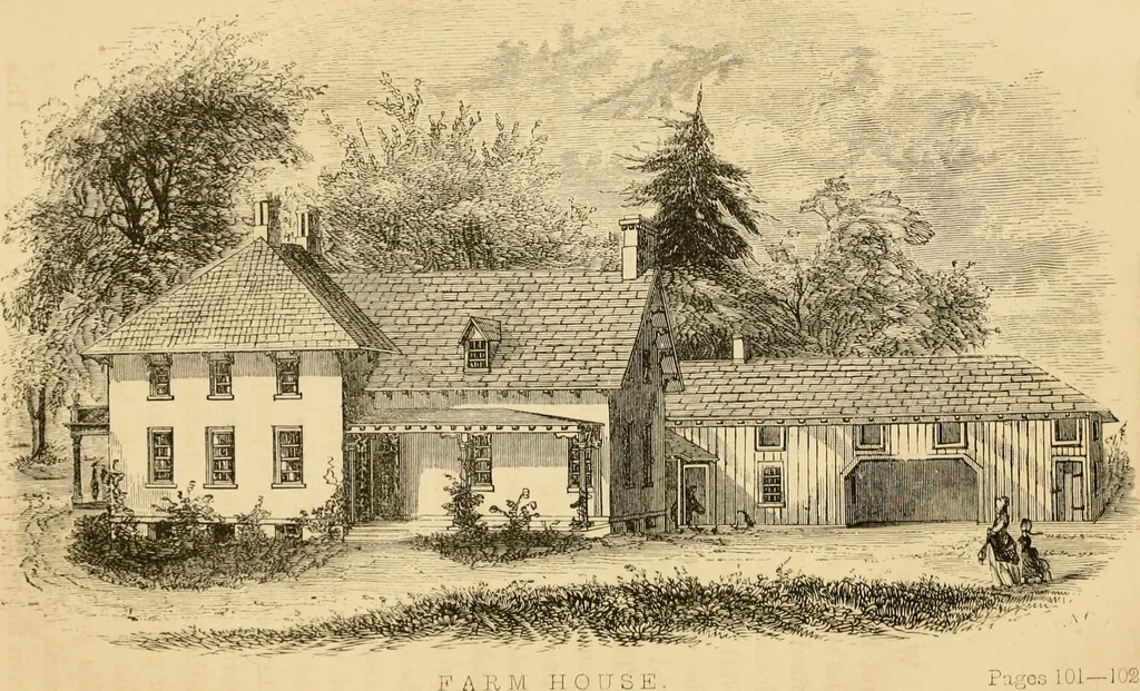 An illustration from Rural architecture : being a complete description of farm houses, cottages and out buildings ... together with lawns, pleasure grounds and parks; the flower, fruit and vegetable gardens : also, useful and ornamental domestic animals for the country resident ... also, the best method of conducting water into cattle yards and houses, 1860, leaf 113