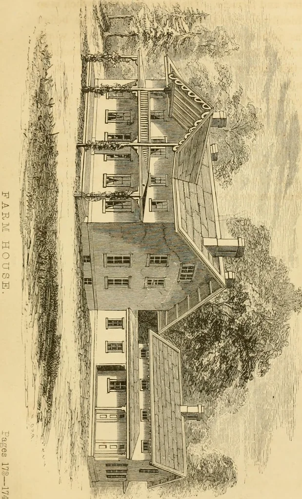 An illustration from Rural architecture : being a complete description of farm houses, cottages and out buildings ... together with lawns, pleasure grounds and parks; the flower, fruit and vegetable gardens : also, useful and ornamental domestic animals for the country resident ... also, the best method of conducting water into cattle yards and houses, 1860, leaf 182