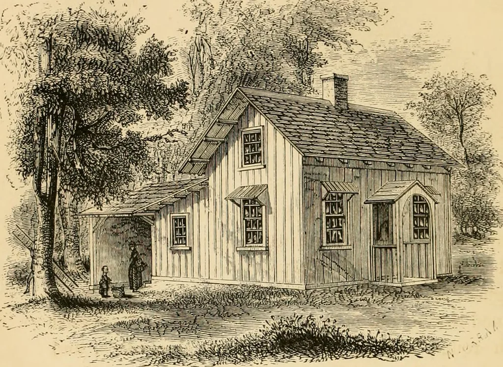 An illustration from Rural architecture : being a complete description of farm houses, cottages and out buildings ... together with lawns, pleasure grounds and parks; the flower, fruit and vegetable gardens : also, useful and ornamental domestic animals for the country resident ... also, the best method of conducting water into cattle yards and houses, 1860, leaf 221