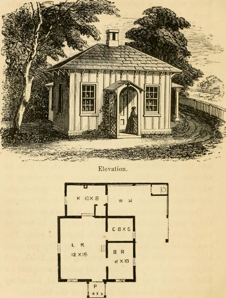 An illustration from Rural architecture : being a complete description of farm houses, cottages and out buildings ... together with lawns, pleasure grounds and parks; the flower, fruit and vegetable gardens : also, useful and ornamental domestic animals for the country resident ... also, the best method of conducting water into cattle yards and houses, 1860, leaf 227