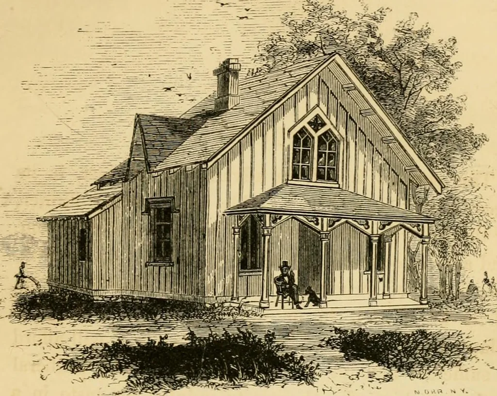 An illustration from Rural architecture : being a complete description of farm houses, cottages and out buildings ... together with lawns, pleasure grounds and parks; the flower, fruit and vegetable gardens : also, useful and ornamental domestic animals for the country resident ... also, the best method of conducting water into cattle yards and houses, 1860, leaf 236