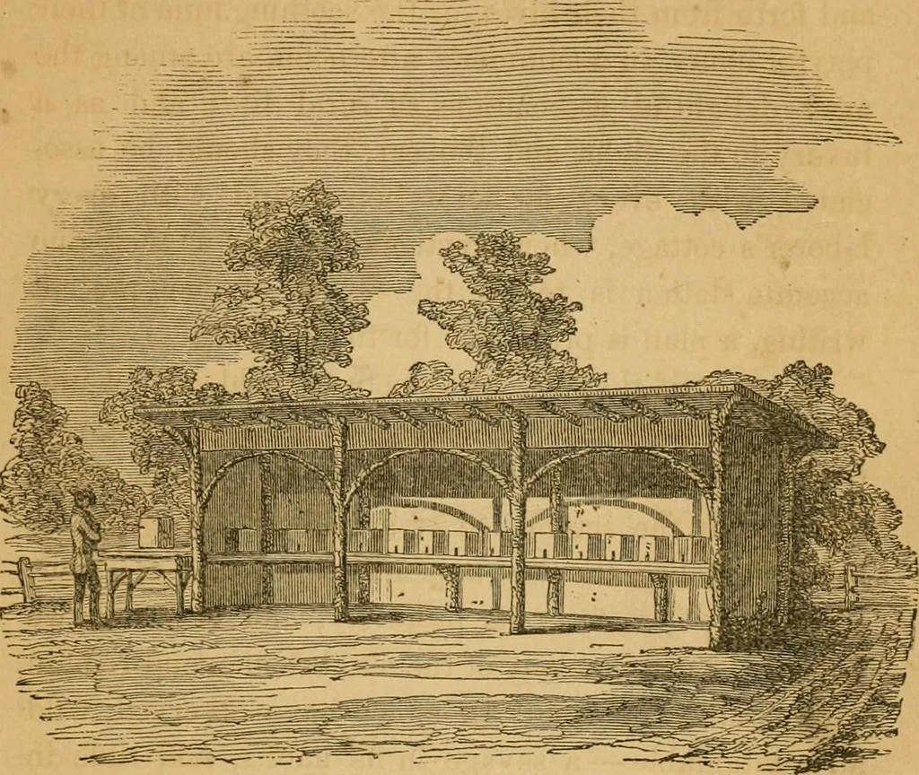 An illustration from Rural architecture : being a complete description of farm houses, cottages and out buildings ... together with lawns, pleasure grounds and parks; the flower, fruit and vegetable gardens : also, useful and ornamental domestic animals for the country resident ... also, the best method of conducting water into cattle yards and houses, 1860, leaf 258