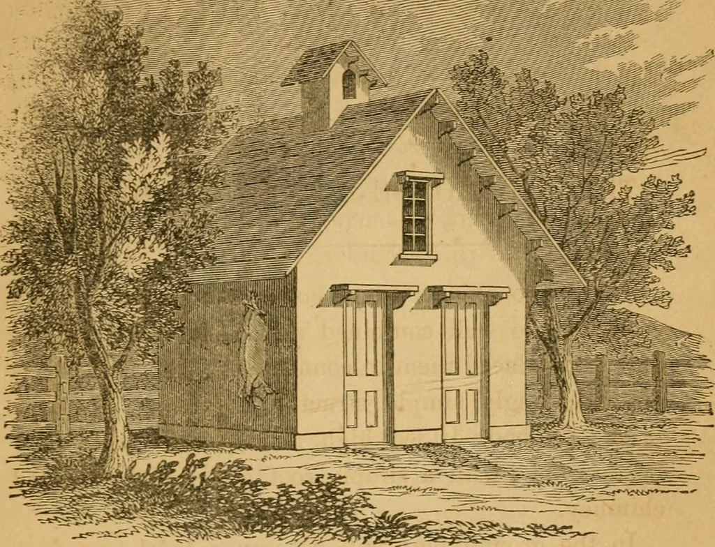 An illustration from Rural architecture : being a complete description of farm houses, cottages and out buildings ... together with lawns, pleasure grounds and parks; the flower, fruit and vegetable gardens : also, useful and ornamental domestic animals for the country resident ... also, the best method of conducting water into cattle yards and houses, 1860, leaf 274
