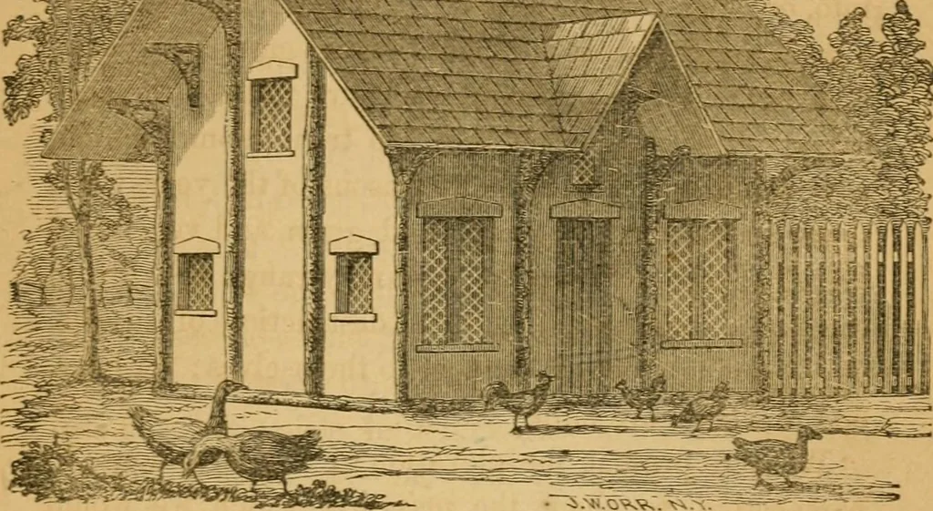 An illustration from Rural architecture : being a complete description of farm houses, cottages and out buildings ... together with lawns, pleasure grounds and parks; the flower, fruit and vegetable gardens : also, useful and ornamental domestic animals for the country resident ... also, the best method of conducting water into cattle yards and houses, 1860, leaf 278