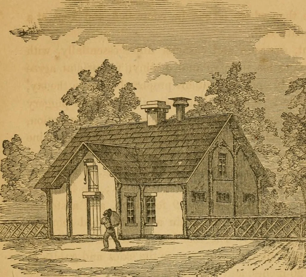 An illustration from Rural architecture : being a complete description of farm houses, cottages and out buildings ... together with lawns, pleasure grounds and parks; the flower, fruit and vegetable gardens : also, useful and ornamental domestic animals for the country resident ... also, the best method of conducting water into cattle yards and houses, 1860, leaf 290