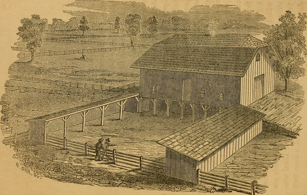 An illustration from Rural architecture : being a complete description of farm houses, cottages and out buildings ... together with lawns, pleasure grounds and parks; the flower, fruit and vegetable gardens : also, useful and ornamental domestic animals for the country resident ... also, the best method of conducting water into cattle yards and houses, 1860, leaf 300