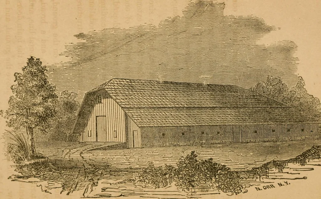 An illustration from Rural architecture : being a complete description of farm houses, cottages and out buildings ... together with lawns, pleasure grounds and parks; the flower, fruit and vegetable gardens : also, useful and ornamental domestic animals for the country resident ... also, the best method of conducting water into cattle yards and houses, 1860, leaf 309