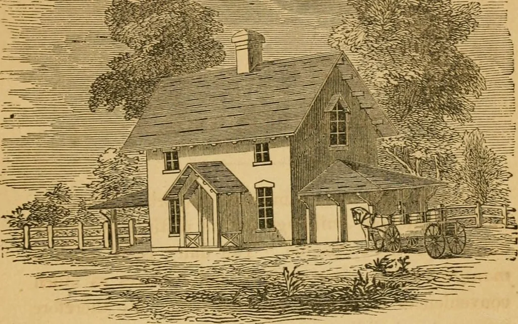 An illustration from Rural architecture : being a complete description of farm houses, cottages and out buildings ... together with lawns, pleasure grounds and parks; the flower, fruit and vegetable gardens : also, useful and ornamental domestic animals for the country resident ... also, the best method of conducting water into cattle yards and houses, 1860, leaf 340