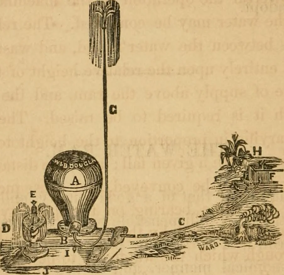 An illustration from Rural architecture : being a complete description of farm houses, cottages and out buildings ... together with lawns, pleasure grounds and parks; the flower, fruit and vegetable gardens : also, useful and ornamental domestic animals for the country resident ... also, the best method of conducting water into cattle yards and houses, 1860, leaf 347
