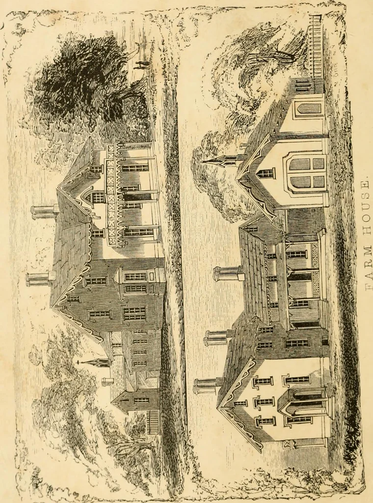 An illustration from Rural architecture : being a complete description of farm houses, cottages and out buildings ... together with lawns, pleasure grounds and parks; the flower, fruit and vegetable gardens : also, useful and ornamental domestic animals for the country resident ... also, the best method of conducting water into cattle yards and houses, 1860, leaf 7