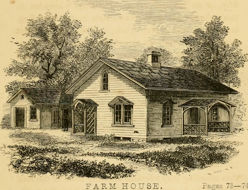 An illustration from Rural architecture : being a complete description of farm houses, cottages and out buildings ... together with lawns, pleasure grounds and parks; the flower, fruit and vegetable gardens : also, useful and ornamental domestic animals for the country resident ... also, the best method of conducting water into cattle yards and houses, 1860, leaf 84