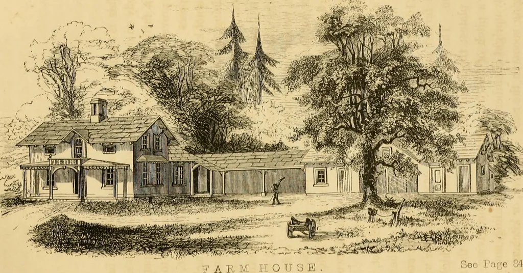 An illustration from Rural architecture : being a complete description of farm houses, cottages and out buildings ... together with lawns, pleasure grounds and parks; the flower, fruit and vegetable gardens : also, useful and ornamental domestic animals for the country resident ... also, the best method of conducting water into cattle yards and houses, 1860, leaf 96
