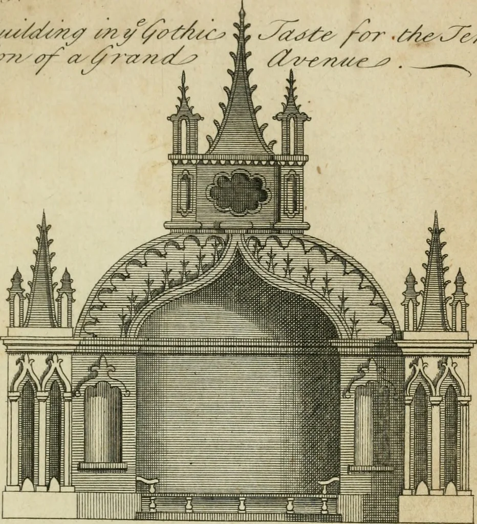 An illustration from Rural architecture in the Gothick taste : being twenty new designs, for temples, garden-seats, summer-houses, lodges, terminies, piers, &c. : on sixteen copper plates : with instructions to workmen, and hints where with most advantage to be erected, 1752, leaf 12