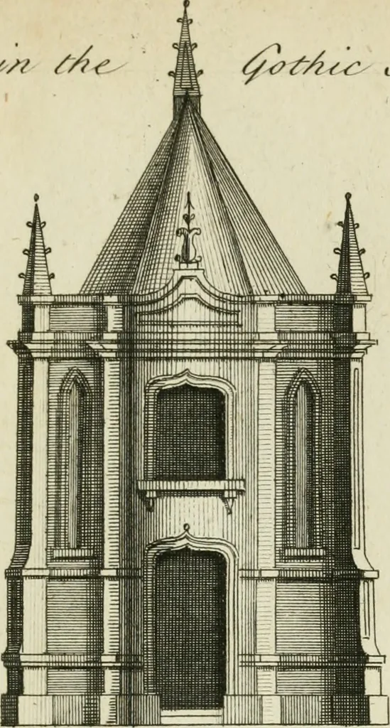 An illustration from Rural architecture in the Gothick taste : being twenty new designs, for temples, garden-seats, summer-houses, lodges, terminies, piers, &c. : on sixteen copper plates : with instructions to workmen, and hints where with most advantage to be erected, 1752, leaf 24