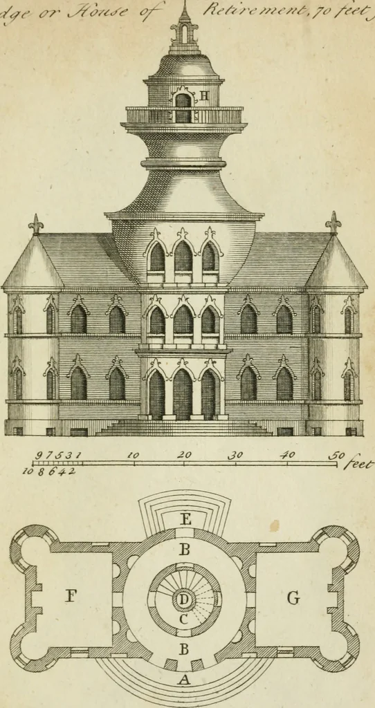 An illustration from Rural architecture in the Gothick taste : being twenty new designs, for temples, garden-seats, summer-houses, lodges, terminies, piers, &c. : on sixteen copper plates : with instructions to workmen, and hints where with most advantage to be erected, 1752, leaf 34