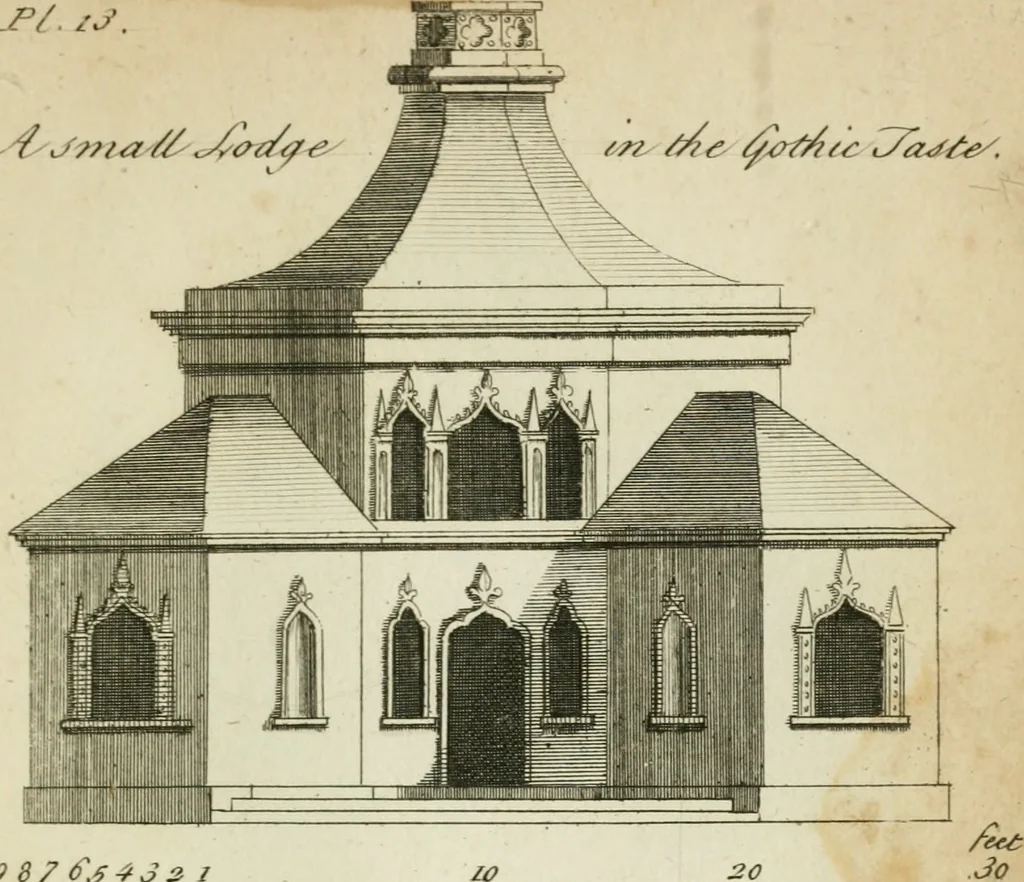 An illustration from Rural architecture in the Gothick taste : being twenty new designs, for temples, garden-seats, summer-houses, lodges, terminies, piers, &c. : on sixteen copper plates : with instructions to workmen, and hints where with most advantage to be erected, 1752, leaf 36