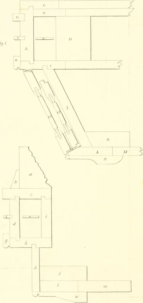 An illustration from Rural architecture: consisting of classic dwellings, Doric, Ionic, Corinthian and Gothic, and details connected with each of the orders; embracing plans, elevations parallel and perspective, specifications, estimates, framing, etc. for private houses and churches. Designed for the United States of America, 1843, leaf 123