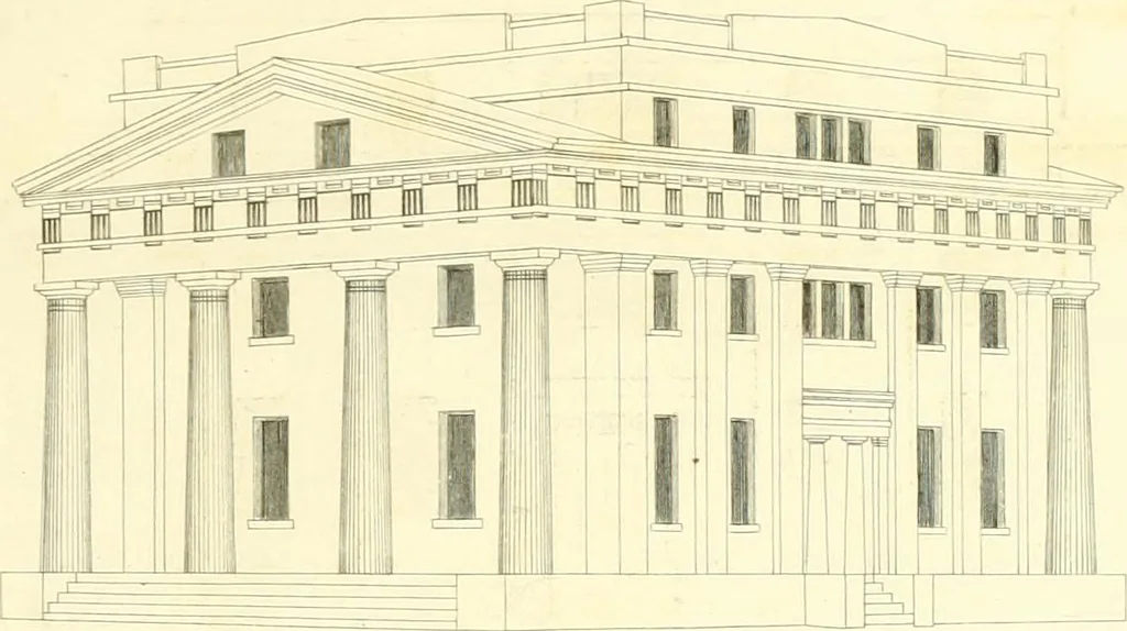 An illustration from Rural architecture: consisting of classic dwellings, Doric, Ionic, Corinthian and Gothic, and details connected with each of the orders; embracing plans, elevations parallel and perspective, specifications, estimates, framing, etc. for private houses and churches. Designed for the United States of America, 1843, leaf 128