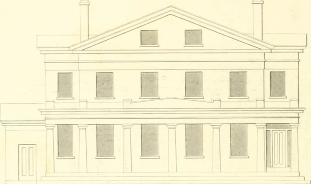 An illustration from Rural architecture: consisting of classic dwellings, Doric, Ionic, Corinthian and Gothic, and details connected with each of the orders; embracing plans, elevations parallel and perspective, specifications, estimates, framing, etc. for private houses and churches. Designed for the United States of America, 1843, leaf 131