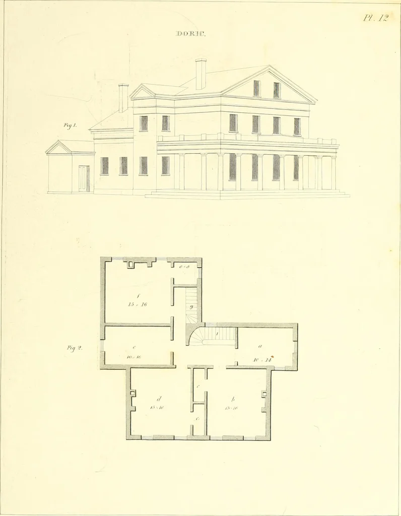 An illustration from Rural architecture: consisting of classic dwellings, Doric, Ionic, Corinthian and Gothic, and details connected with each of the orders; embracing plans, elevations parallel and perspective, specifications, estimates, framing, etc. for private houses and churches. Designed for the United States of America, 1843, leaf 132