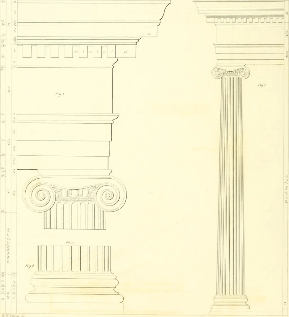 An illustration from Rural architecture: consisting of classic dwellings, Doric, Ionic, Corinthian and Gothic, and details connected with each of the orders; embracing plans, elevations parallel and perspective, specifications, estimates, framing, etc. for private houses and churches. Designed for the United States of America, 1843, leaf 143