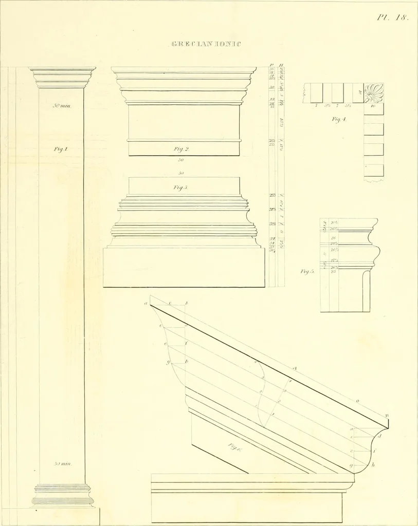 An illustration from Rural architecture: consisting of classic dwellings, Doric, Ionic, Corinthian and Gothic, and details connected with each of the orders; embracing plans, elevations parallel and perspective, specifications, estimates, framing, etc. for private houses and churches. Designed for the United States of America, 1843, leaf 144