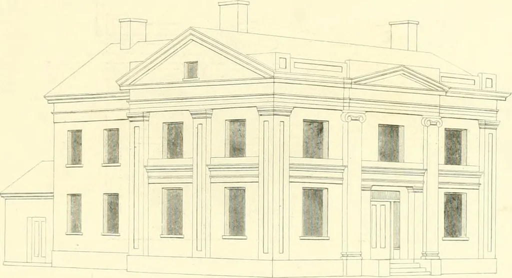 An illustration from Rural architecture: consisting of classic dwellings, Doric, Ionic, Corinthian and Gothic, and details connected with each of the orders; embracing plans, elevations parallel and perspective, specifications, estimates, framing, etc. for private houses and churches. Designed for the United States of America, 1843, leaf 156